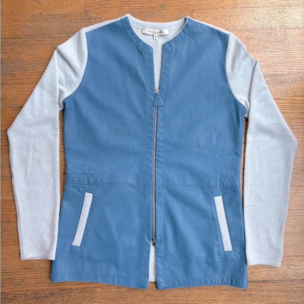 Rani Arabella Blue Cashmere and Leather Sweater/Jacket Made in Italy Size Med